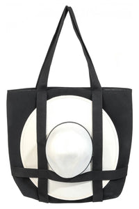 Black tote bag with circular cutouts on a white background