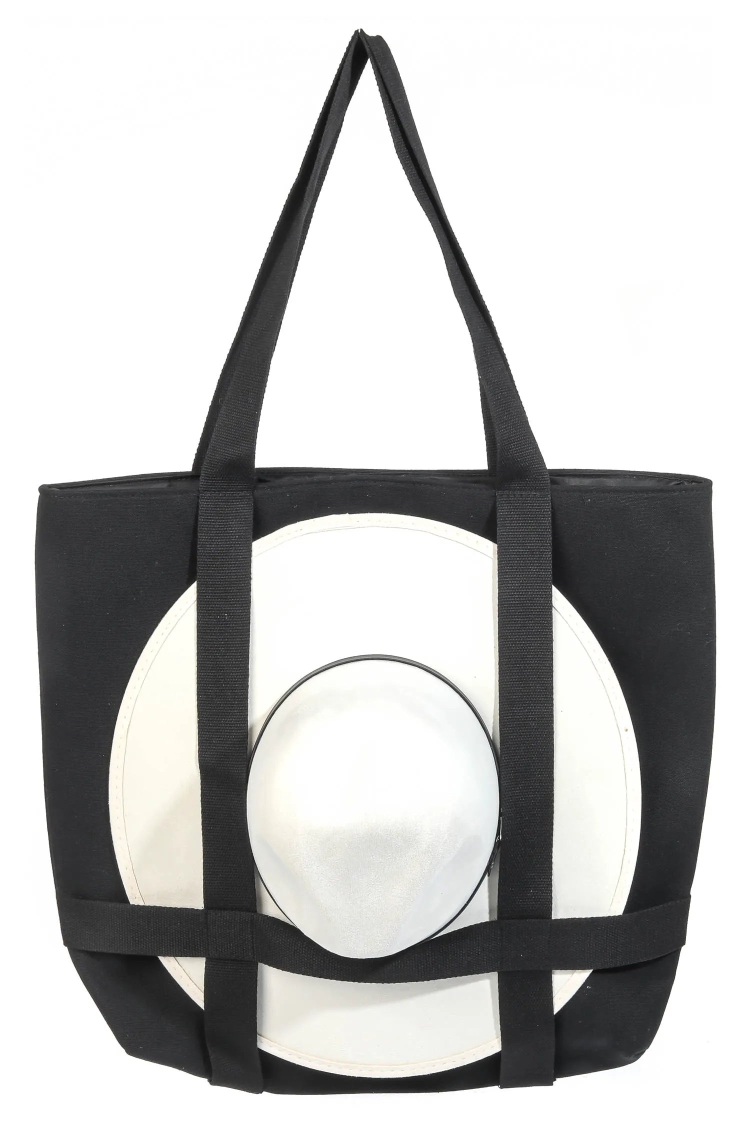 Black tote bag with circular cutouts on a white background