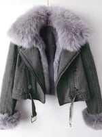 Gray denim jacket with fur trim on a white background