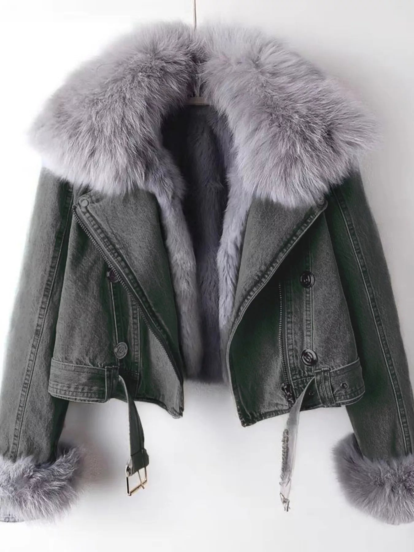 Gray denim jacket with fur trim on a white background
