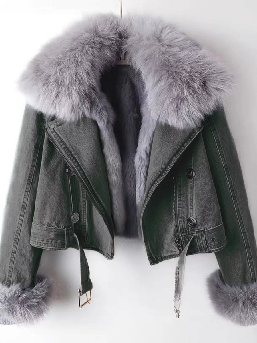 Gray denim jacket with fur trim on a white background