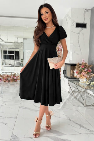 Black Surplice Puff Sleeve Midi Dress