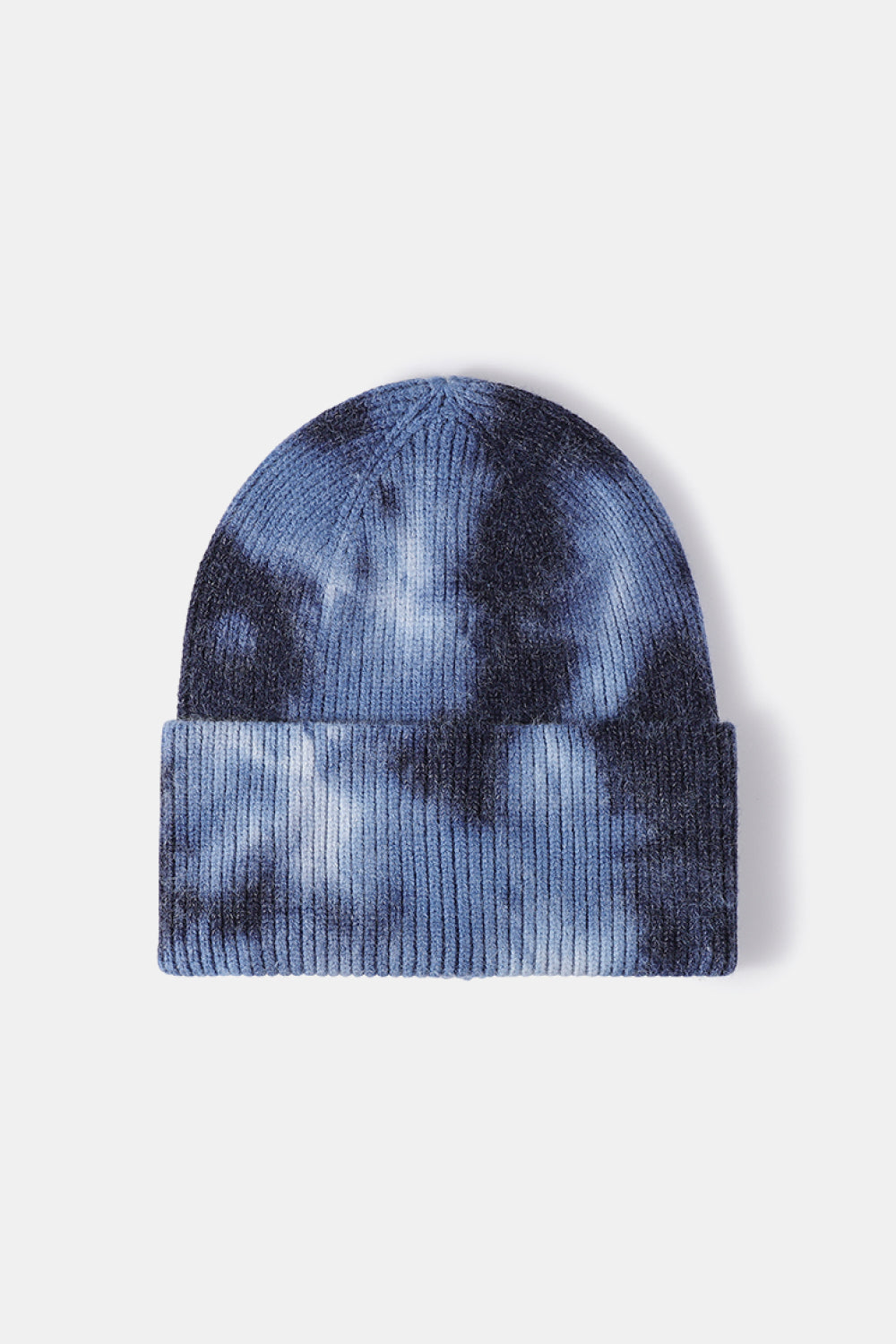 Blue tie-dye beanie on a white background