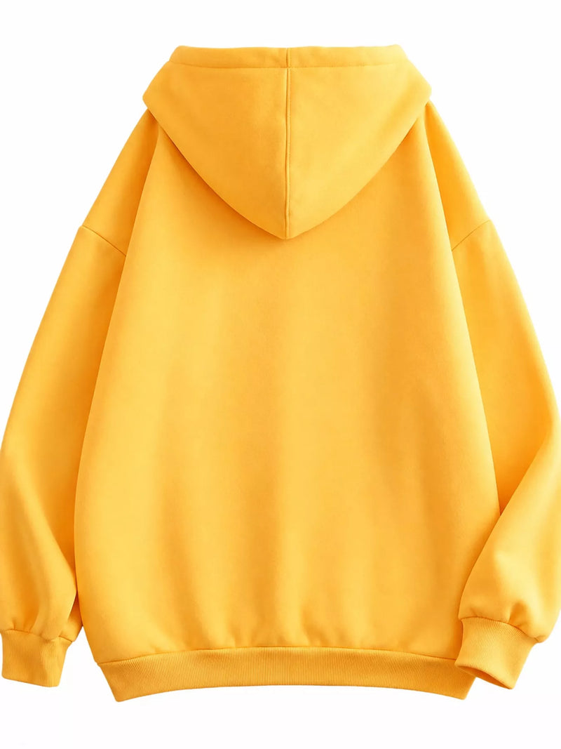 A bright yellow pullover hoodie shown from the back, featuring a relaxed fit, ribbed cuffs, and a ribbed hem on a solid white background.
