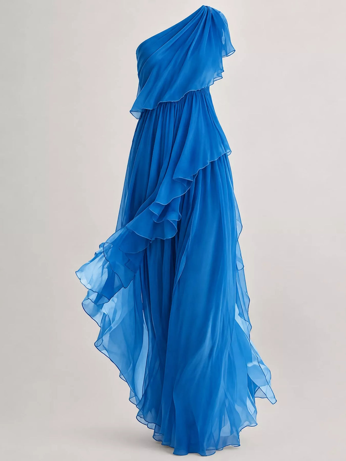 Blue One-Shoulder Ruffled Chiffon Maxi Dress on a white bakdrop