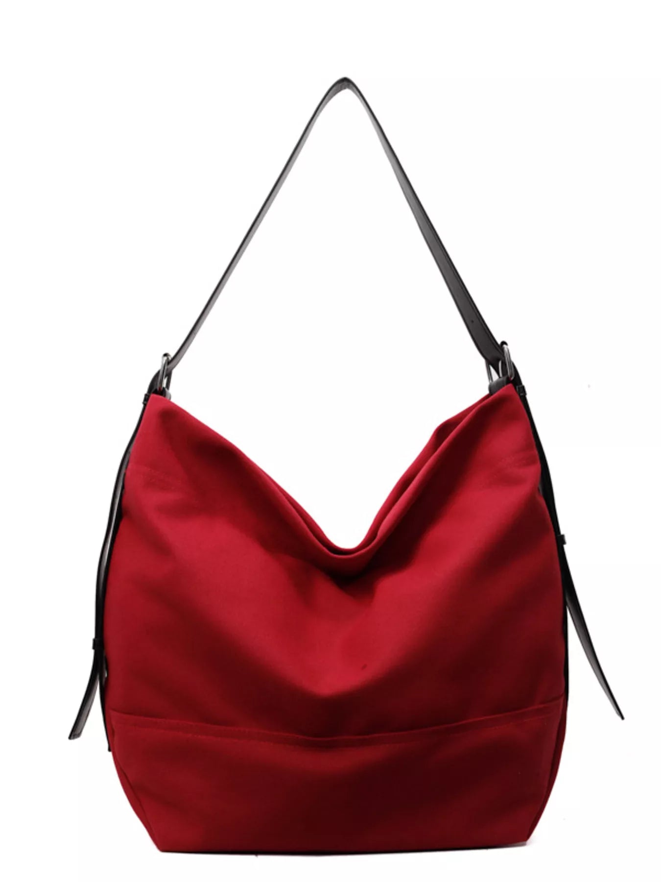 Red handbag with a black strap on a white background