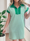 Stripe Quarter Zip Polo Collar T Shirt Dress with Pockets