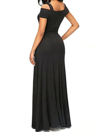 Black off-shoulder evening gown on a white background