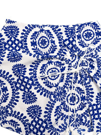 White fabric with blue floral patterns