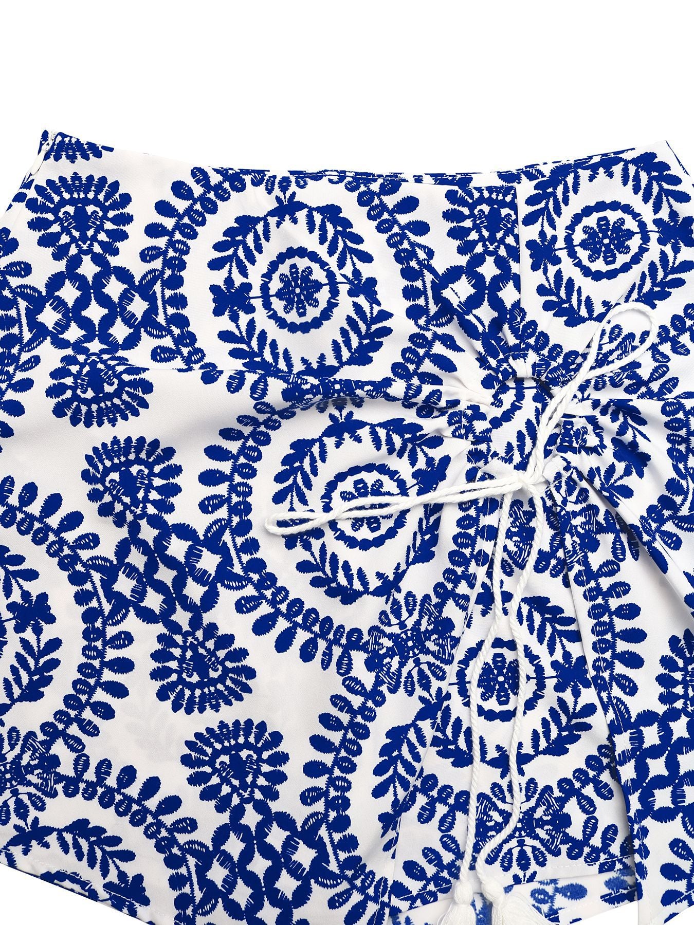 White fabric with blue floral patterns