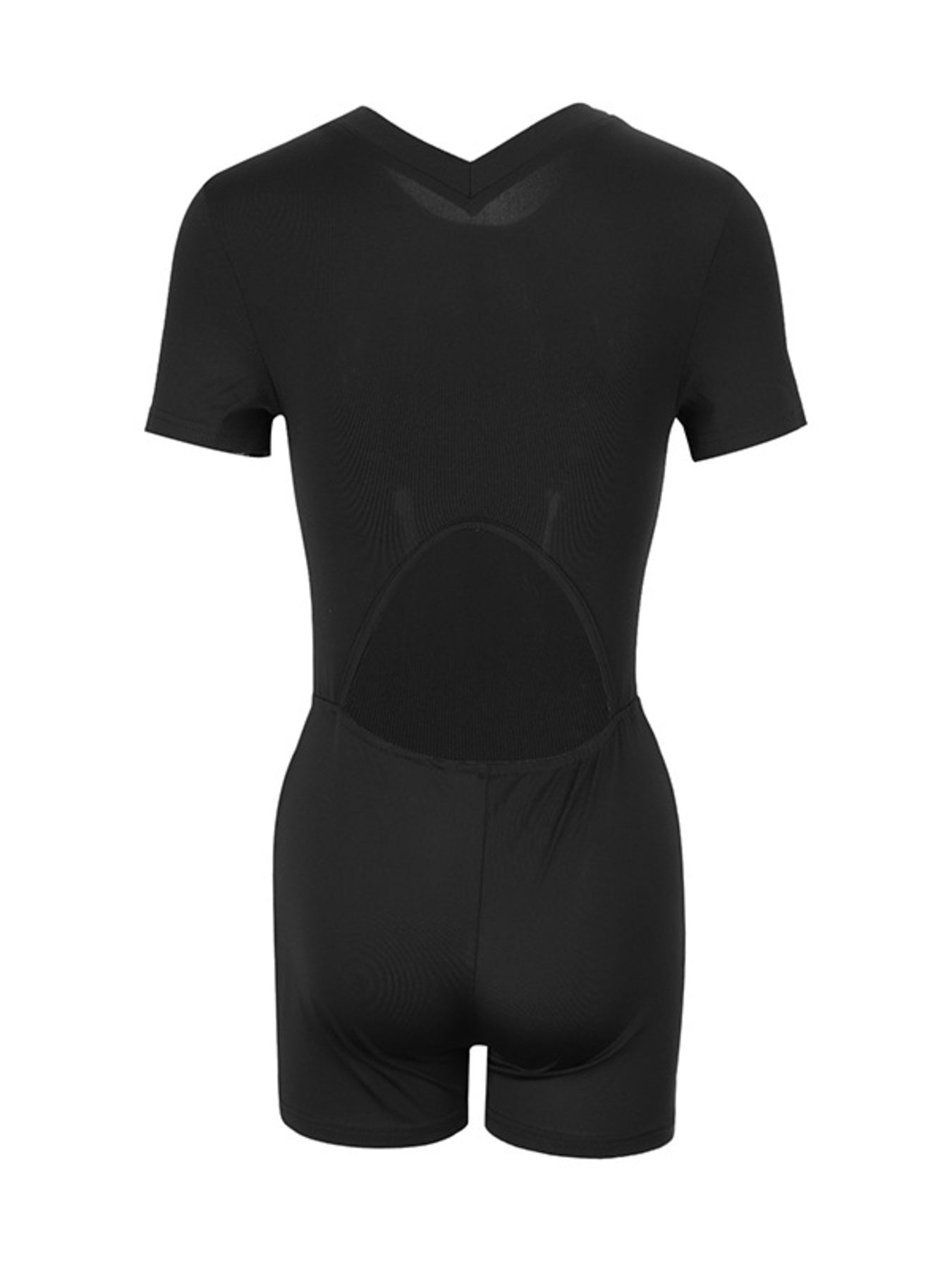 Black bodysuit with short sleeves on a white background