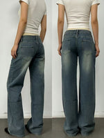Person wearing blue jeans from front and back views on a plain background