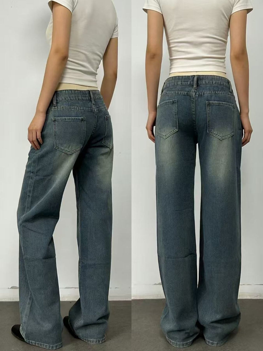 Person wearing blue jeans from front and back views on a plain background