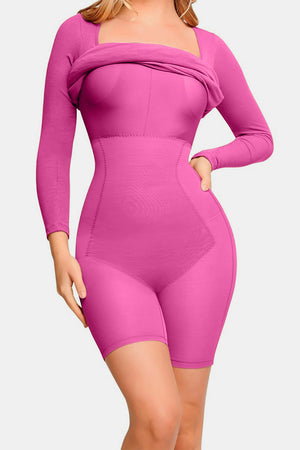 Pink Basic Bae Full Size Built-In Shapewear Square Neck Long Sleeve Dress