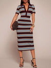 Women Party Club Beach Bodycon Striped Polo Collar Midi Dress