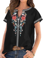Black blouse with floral embroidery on a white background