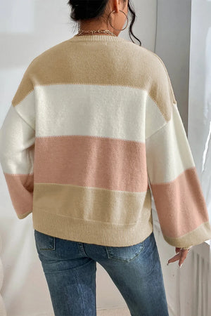 Back view of Color Block Round Neck Lantern Sleeve Sweater