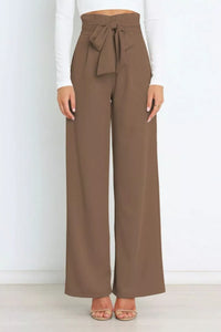 Brown wide-leg pants with a tie waist on a white background