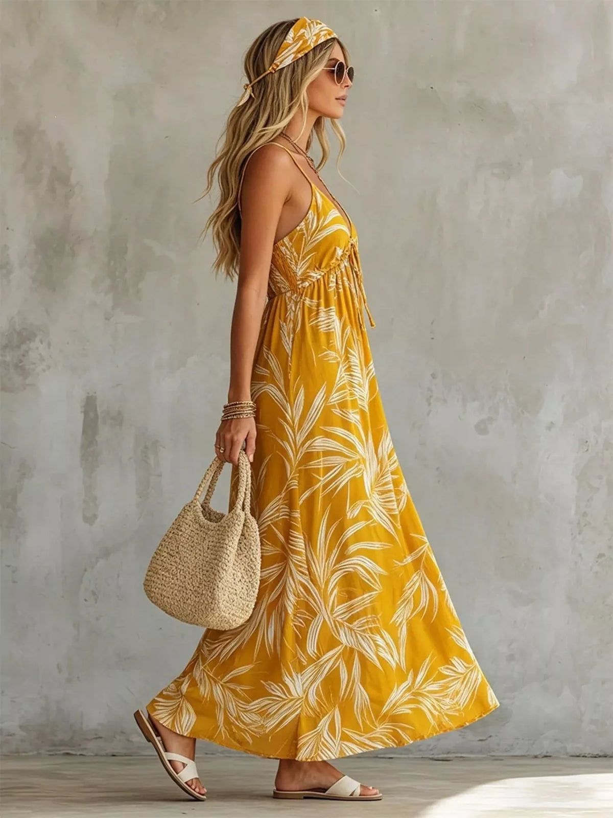 Woman in a yellow dress with white leaf pattern, holding a straw bag against a gray concrete wall.