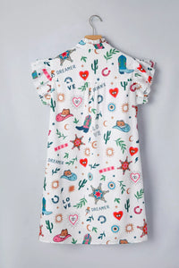 Children's dress with colorful patterns on a gray background