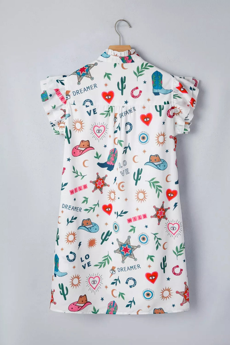 Children's dress with colorful patterns on a gray background