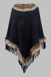 Faux Fur Trim Fringed Poncho For Women