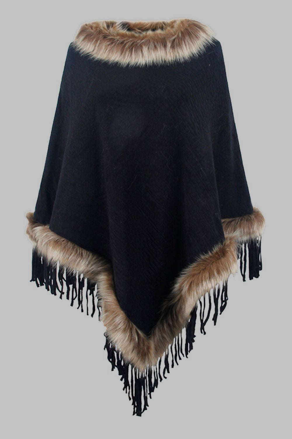 Black poncho with fur trim on a gray background