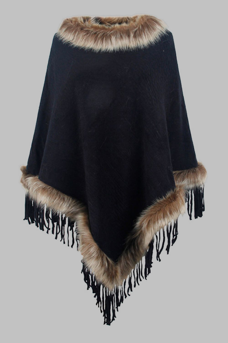 Black poncho with fur trim on a gray background