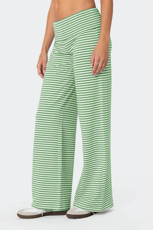 Side view of green Striped Wide Leg Pants