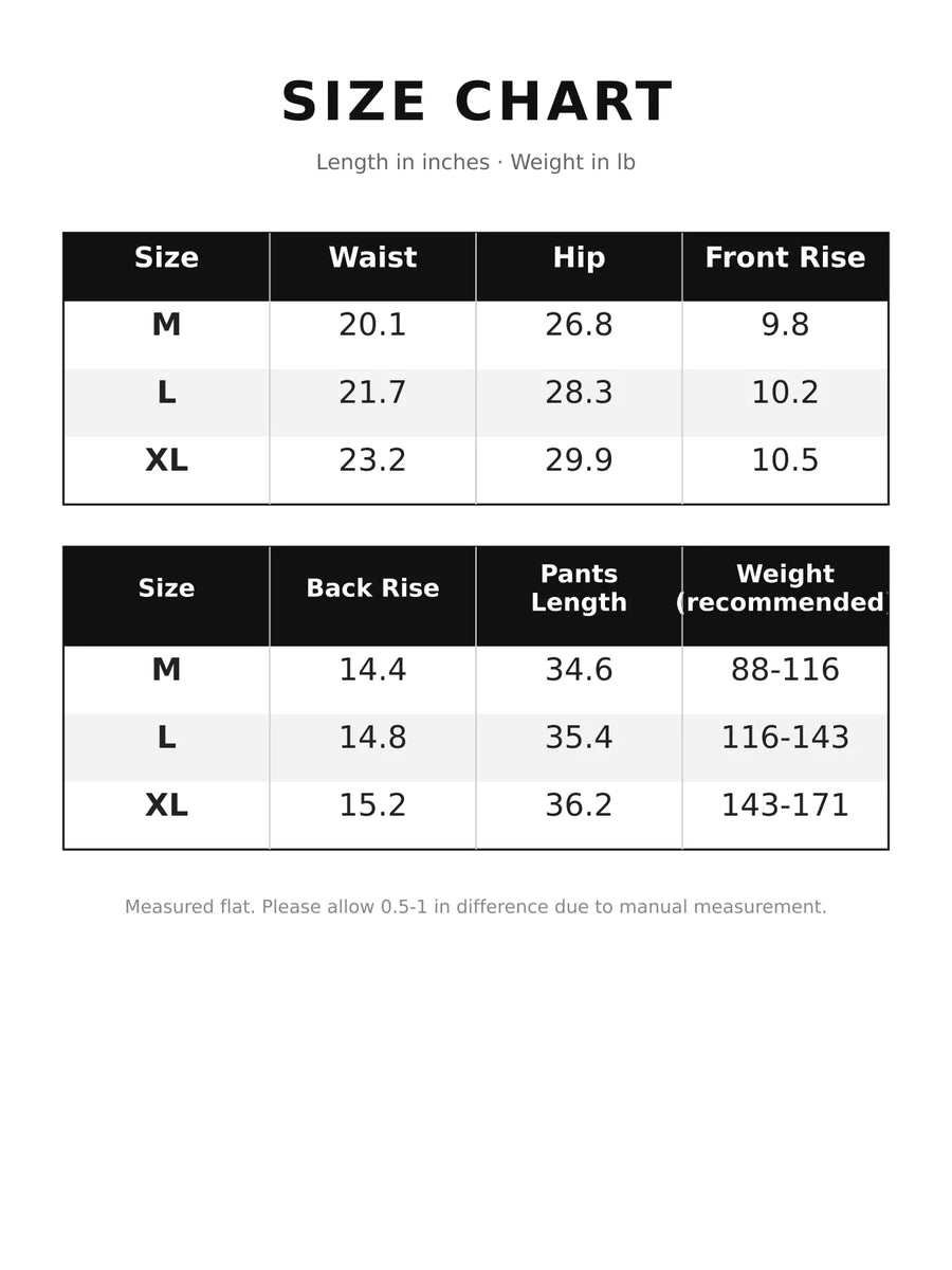 A size chart table listing measurements in inches and recommended weights for sizes M, L, and XL, with columns for Waist, Hip, Front Rise, Back Rise, Pants Length, and Weight recommended.