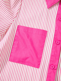 Close-up of a pink and white striped shirt with a pink pocket.