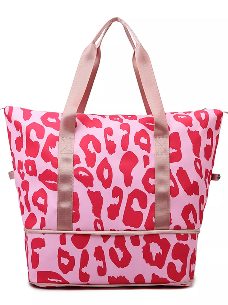 Pink tote bag with red leopard print pattern on a white background