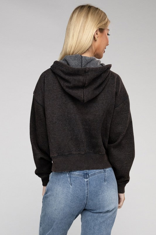 Black Acid Wash Fleece Cropped Zip-Up Hoodie for women