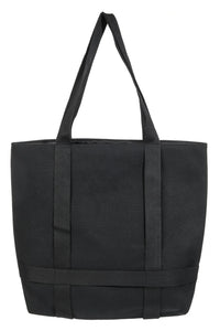 Black tote bag with straps on a white background