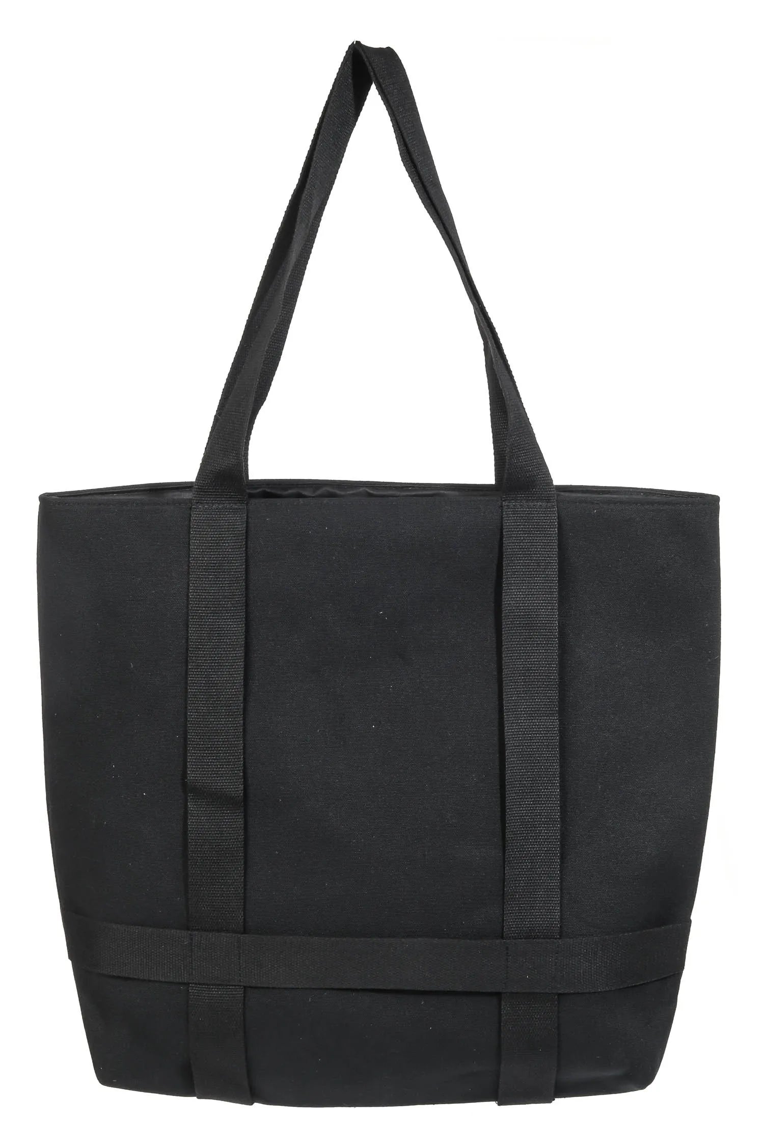 Black tote bag with straps on a white background