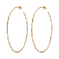 A pair of large gold hoop earrings with a simple and sleek design.