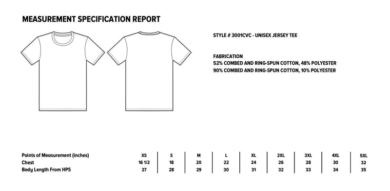 Measurement specification report for a t-shirt with fabric details and size chart.