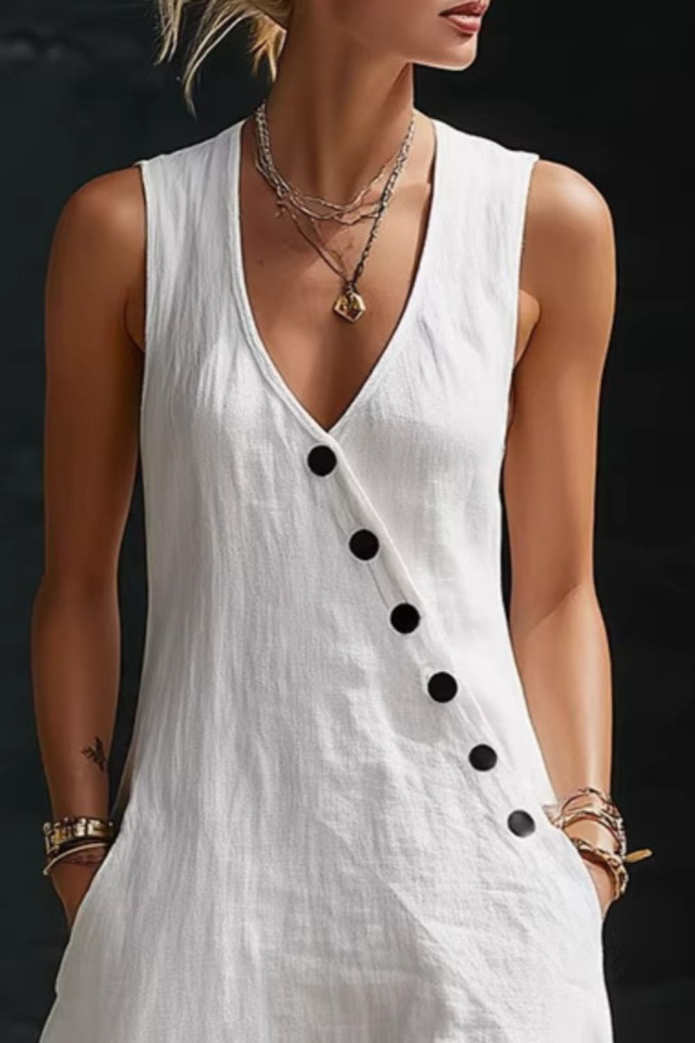 White sleeveless dress with black buttons worn by a model against a dark background