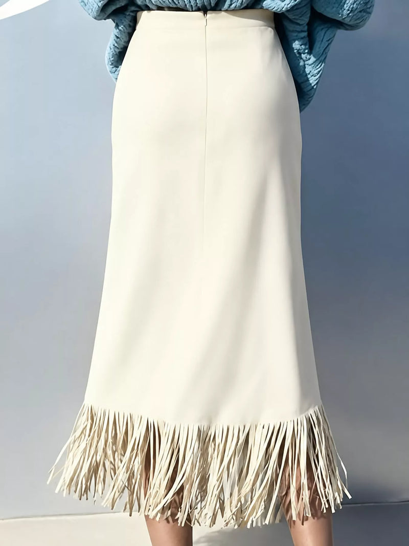 Back view of the white High-Waisted Fringe Midi Skirt