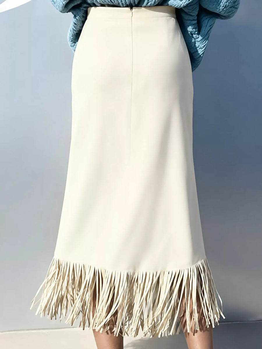 Back view of the white High-Waisted Fringe Midi Skirt
