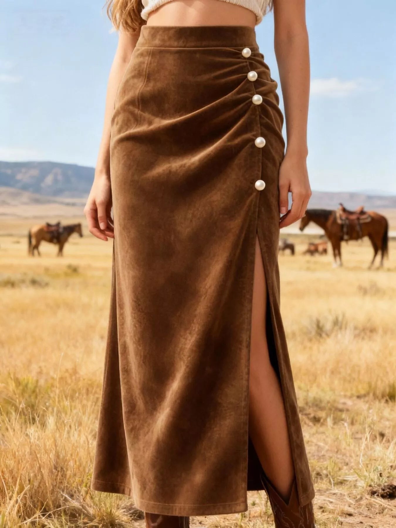 Person wearing a brown suede skirt with buttons in a desert setting with horses.