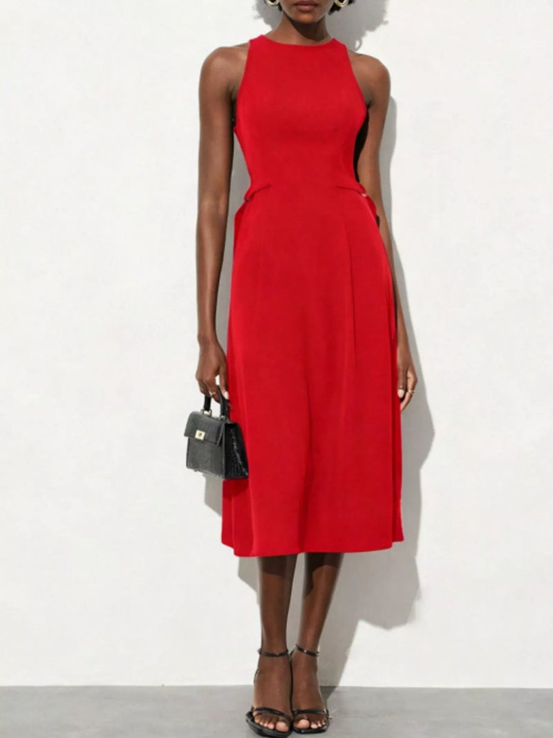 Red dress worn by a model on a white background