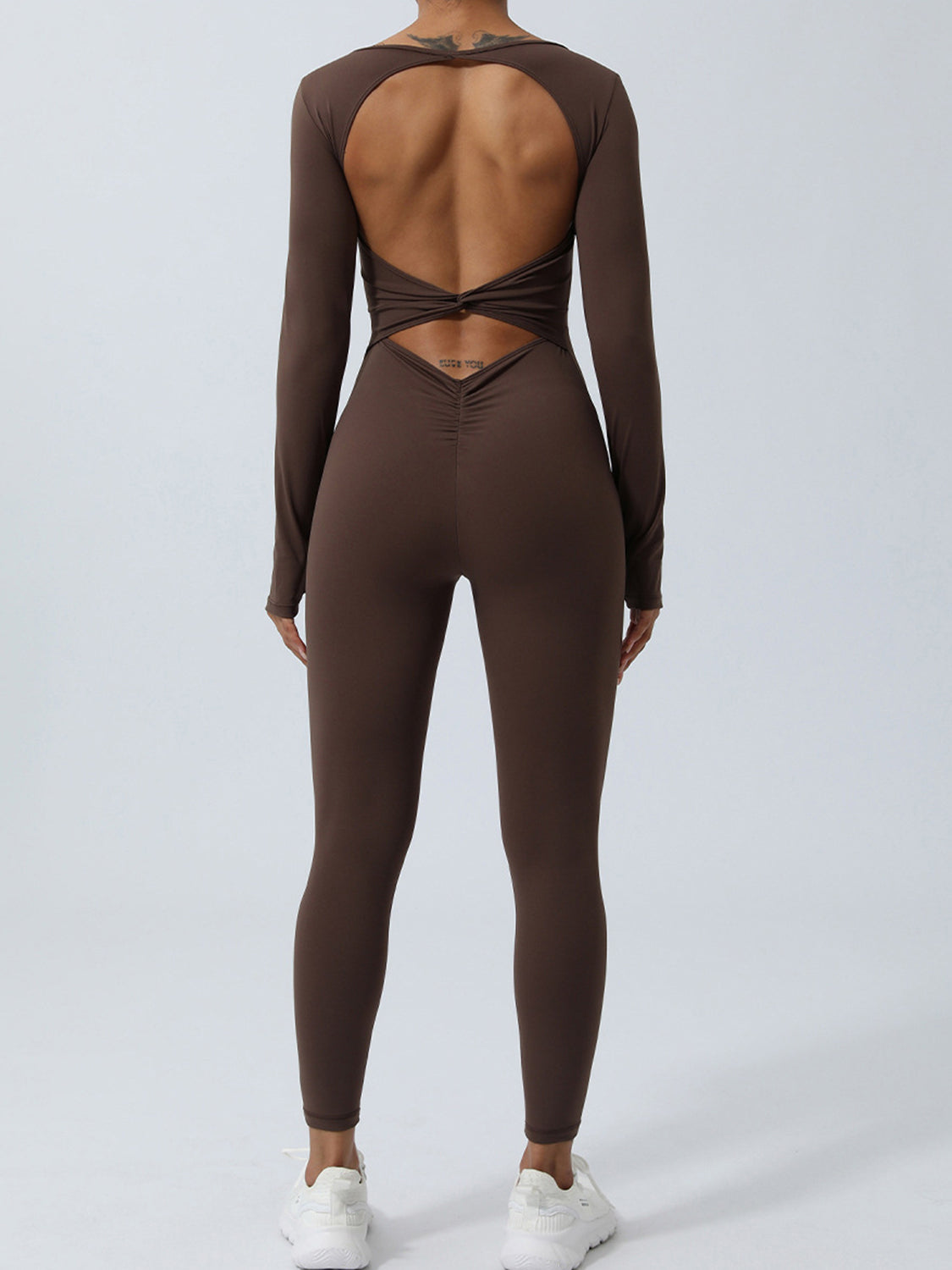 Back view of brown Twisted Backless Long Sleeve Jumpsuit