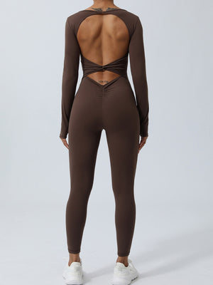 Back view of brown Twisted Backless Long Sleeve Jumpsuit