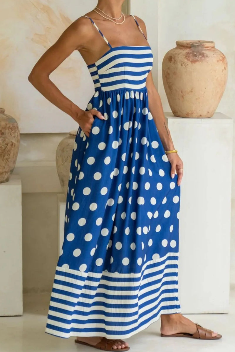 Model showing right pocket on Polka Dot Square Neck Cami Dress
