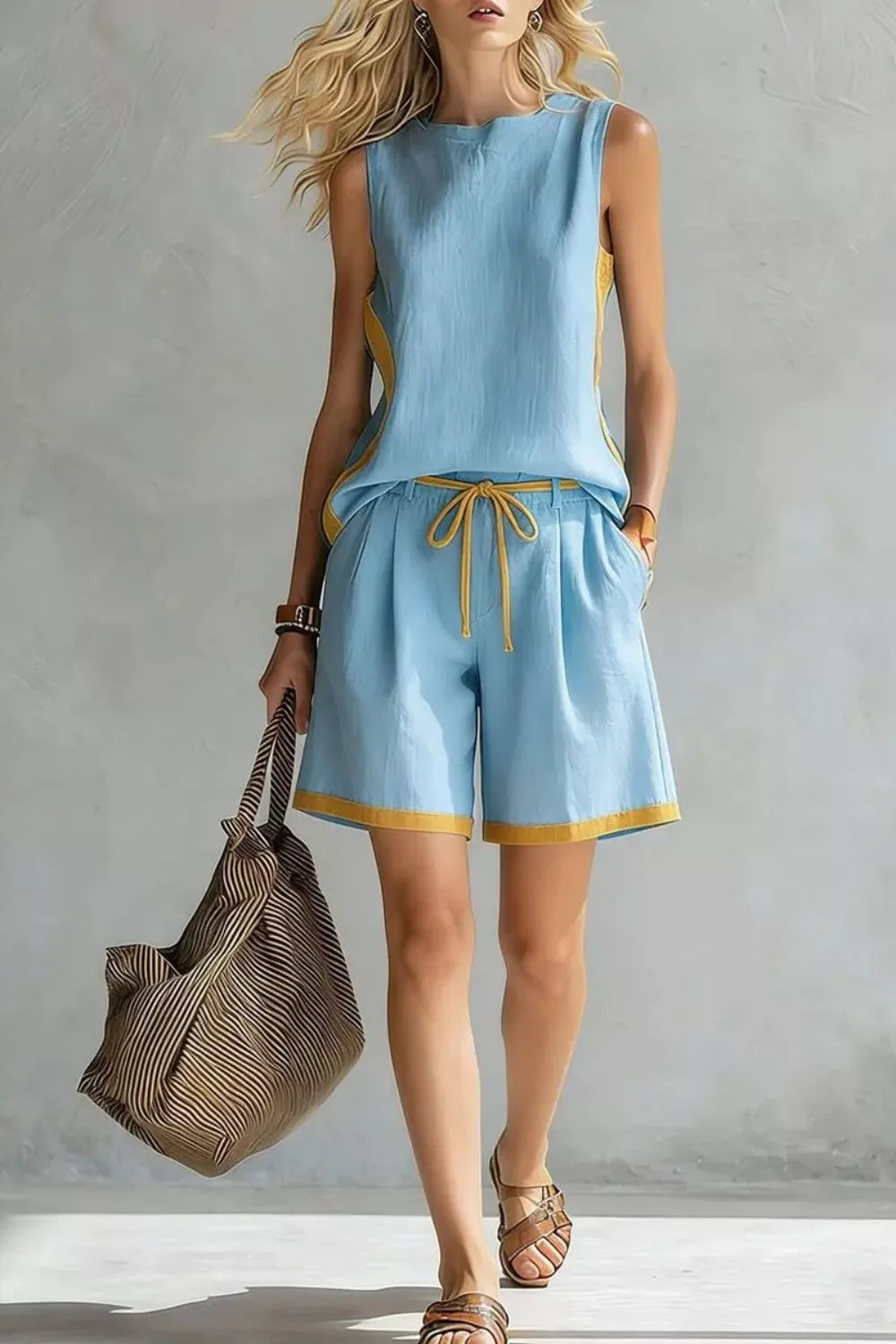 Woman wearing a light blue sleeveless top and shorts with gold trim, holding a brown bag against a gray background.