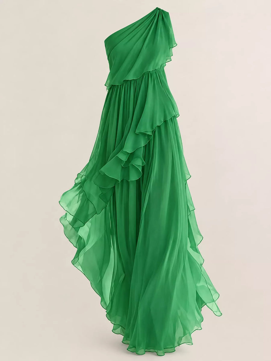 Front view of green One-Shoulder Ruffled Chiffon Maxi Dress on a white backdrop