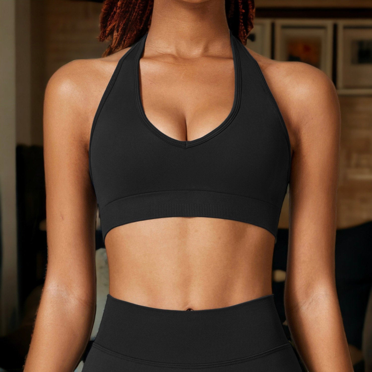 Black Plunge Halter Neck Sports Bra