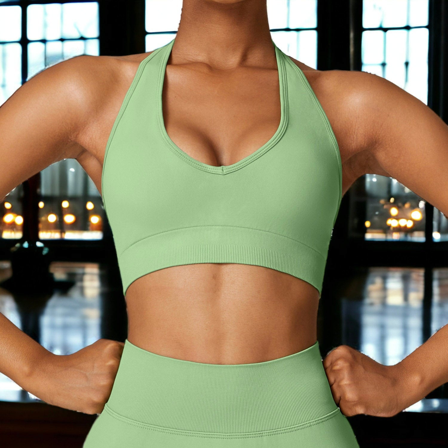 Green Plunge Halter Neck Sports Bra