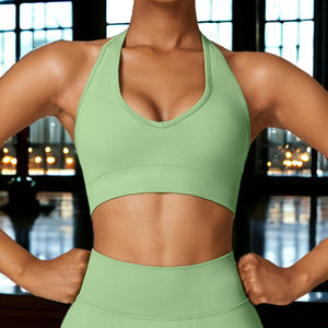 Green Plunge Halter Neck Sports Bra